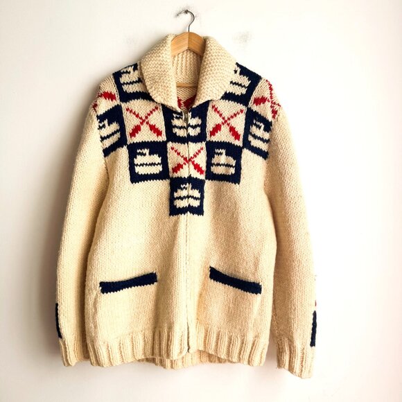 Vintage 60s hand-knit Chunky Curling Cardigan Sweater Wool L - Picture 1 of 7